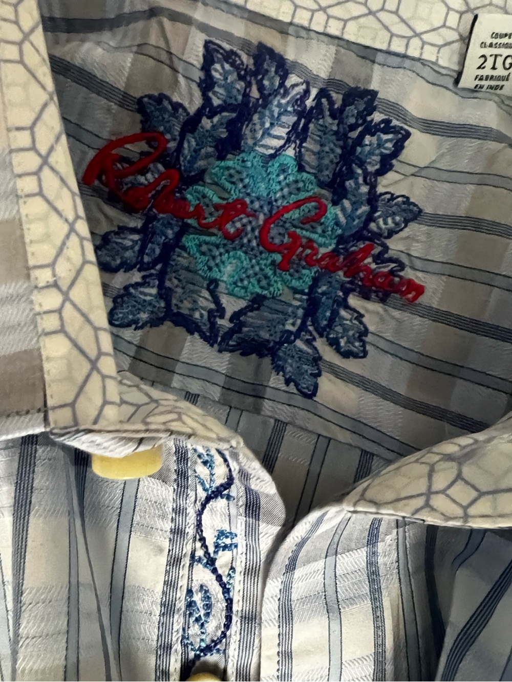 Robert Graham Blue Gray & White Plaid ButtonDown Embroidered Shirt FREE SHIP 📦